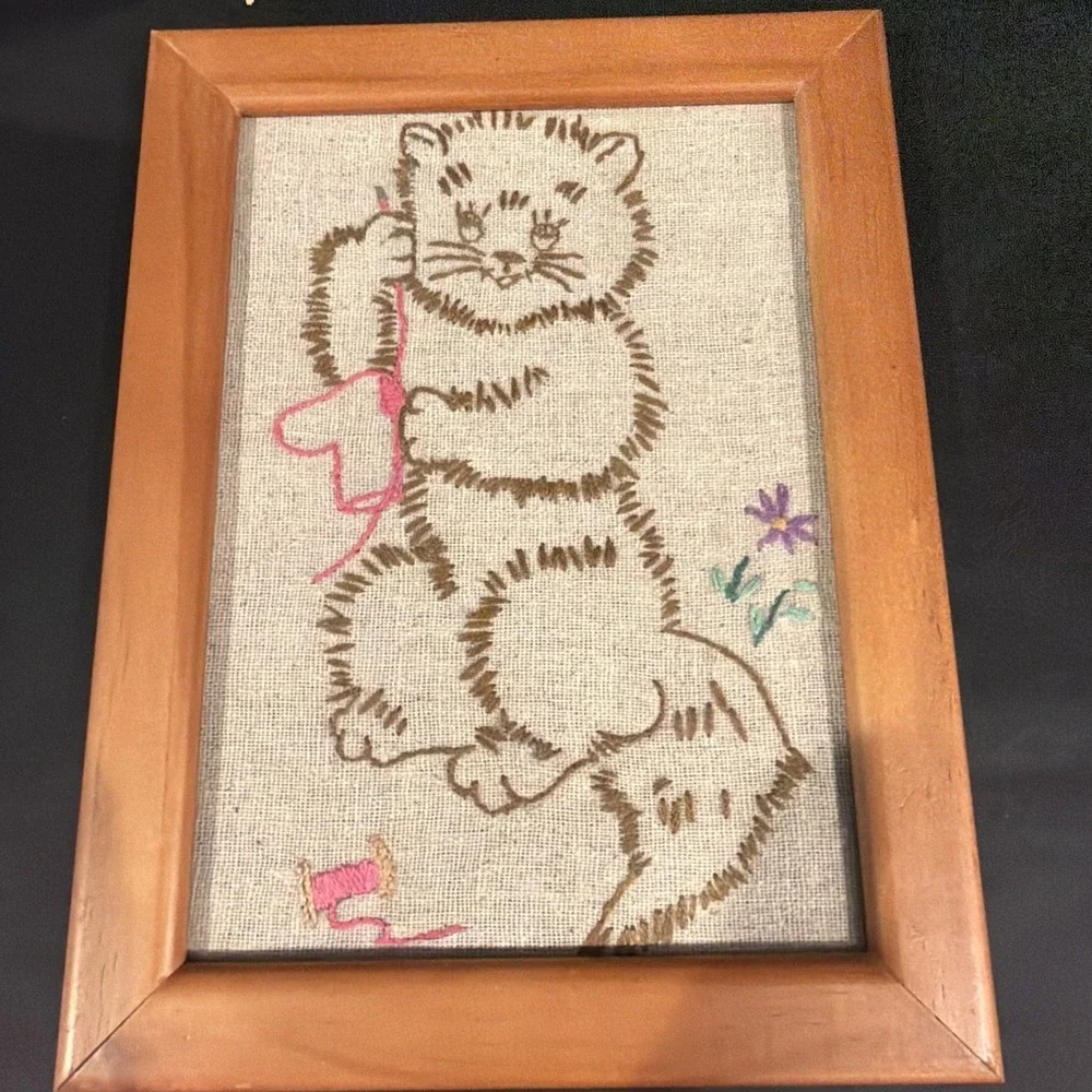 Set Of 4 Vtg Framed Handmade Embroidered Animal Pics Cat Dog Nursery 9
